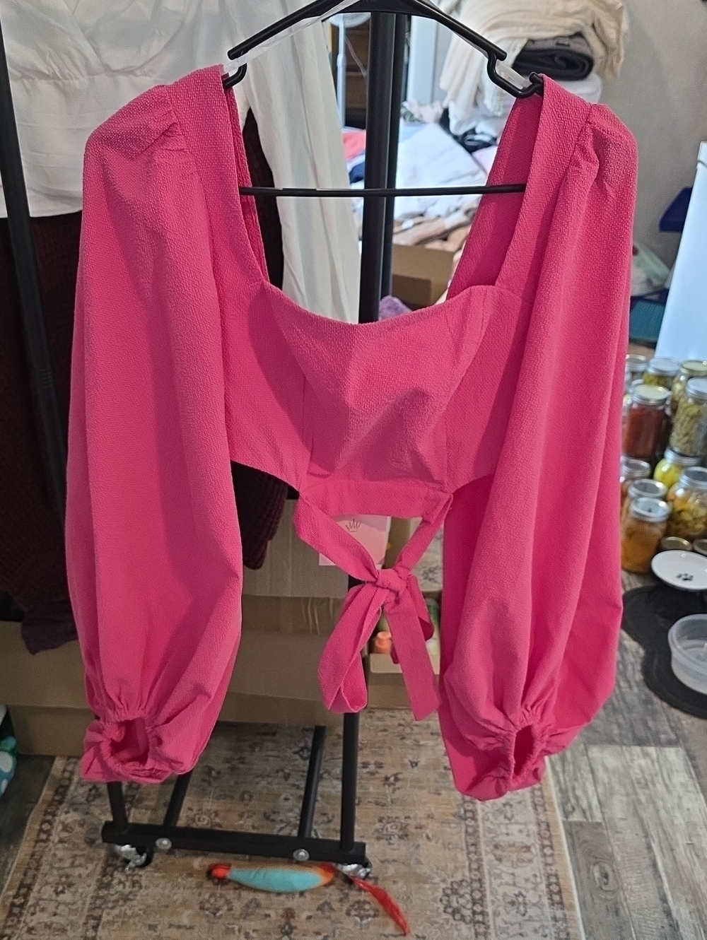 Hello Molly Hot Pink Puff-Sleeve Tie-Back Crop Top